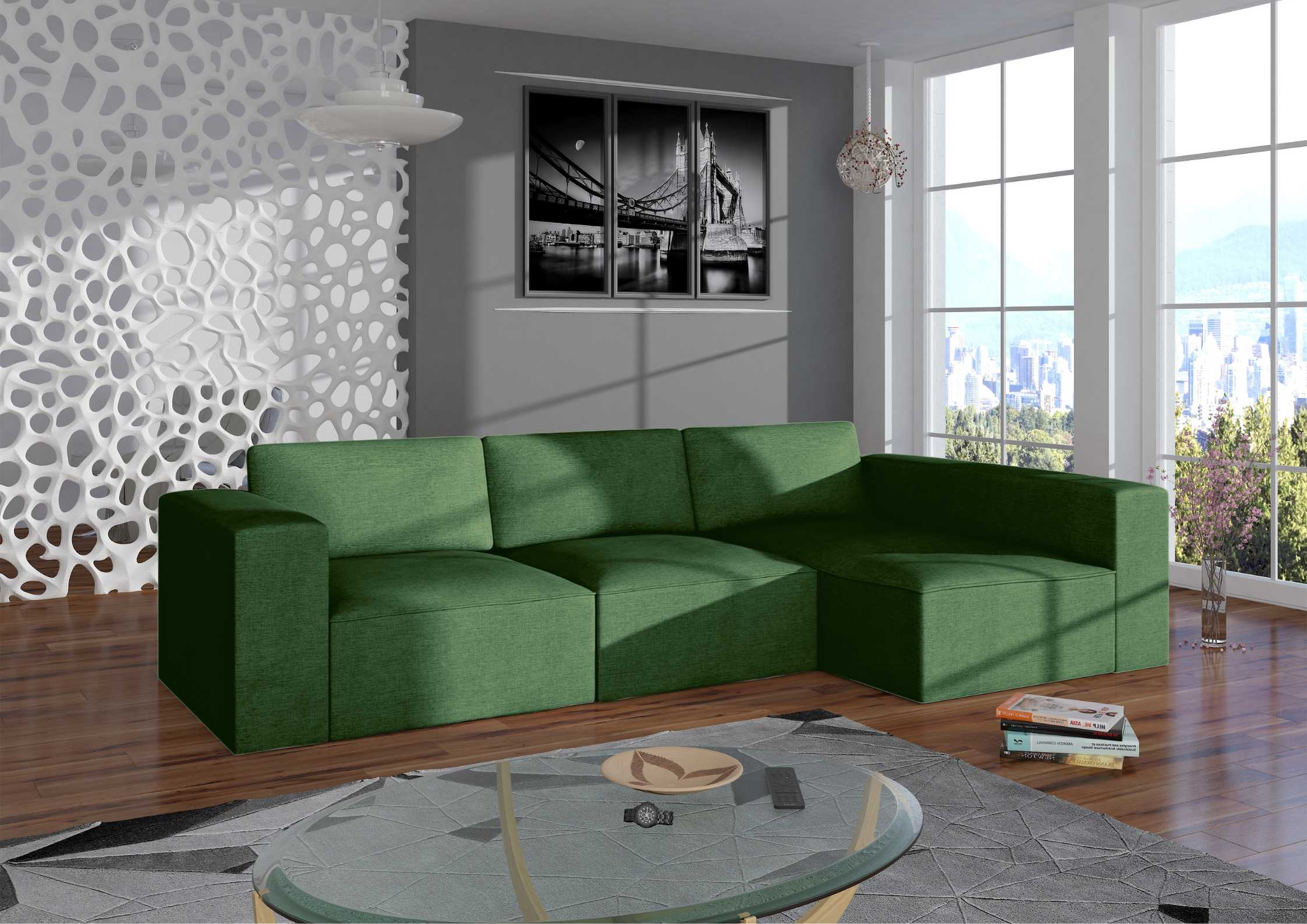 Modułowy narożnik z przeszyciami w kolorze zielonym